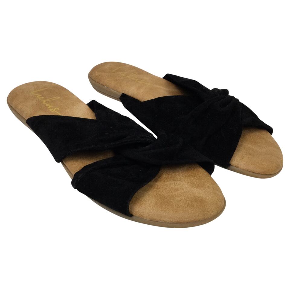 Lulus Resort Minimalist Faux Suede Twist Neutral Beach Black Slide Sandal 7.5